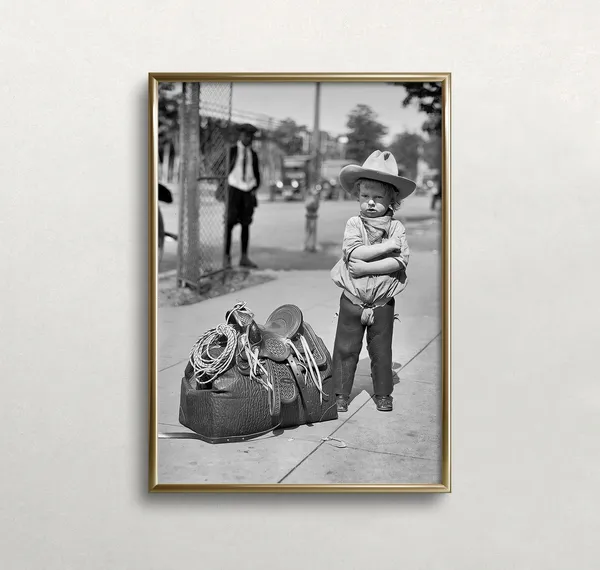 Little Cowboy Black and White Vintage Wall Art