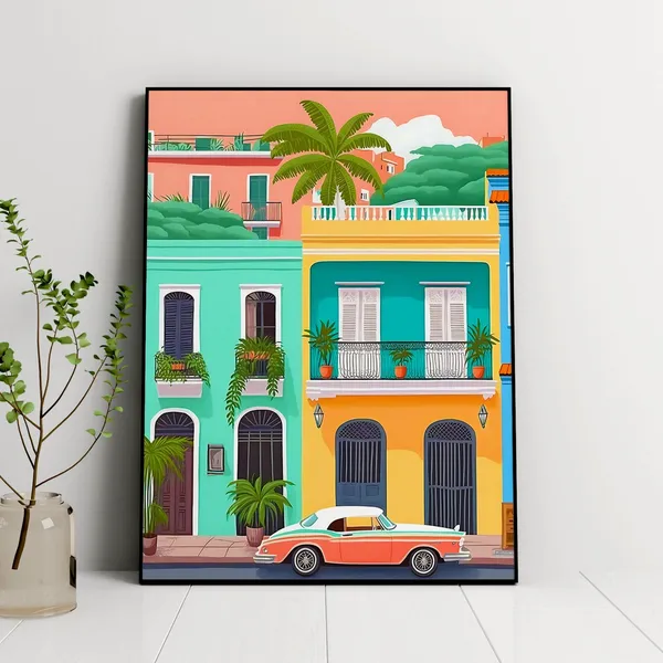 Puerto Rico Illustration Travel Poster, Caribbean Island