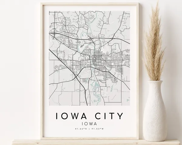 Iowa City, IA USA Map Print, Minimalist Poster