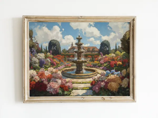 Fountain Flower Garden, Vintage Oil Painting Print