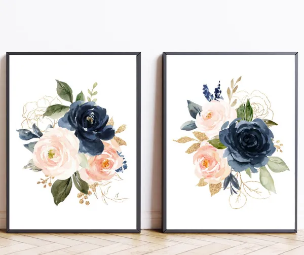Navy Blush Watercolor Flower Print, Nursery Decor