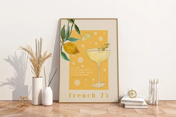 French 75 Cocktail Art Print, Kitchen Drink Poster