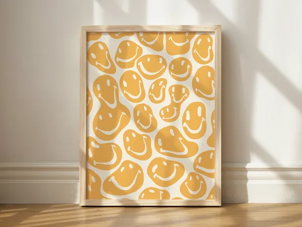 Retro Melted Smiley Face Art Print, Groovy Dorm Decor