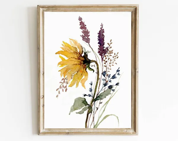 Sunflower Watercolor Painting, Farmhouse Floral Art Print