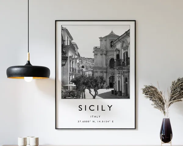 Sicily Travel Poster, Black And White Travel Art
