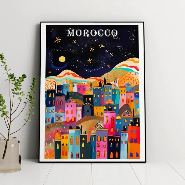 Morocco At Night Travel Poster, Marrakech Art