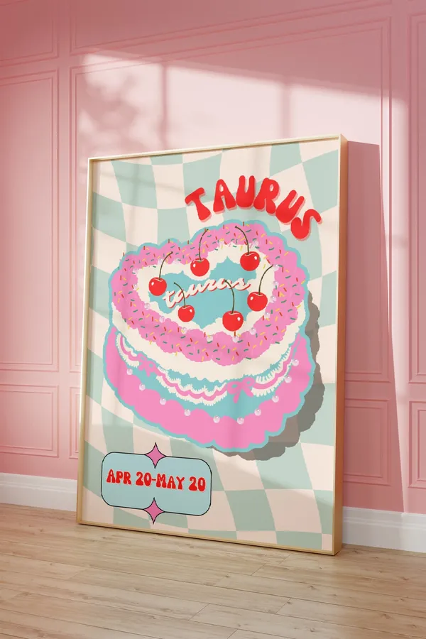 Taurus Cake Retro Zodiac Art Print