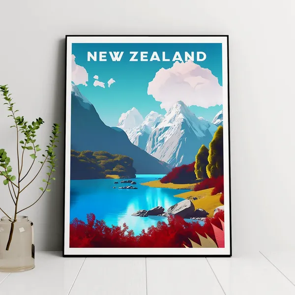 New Zealand Retro Travel Poster, Coastal Wall Art