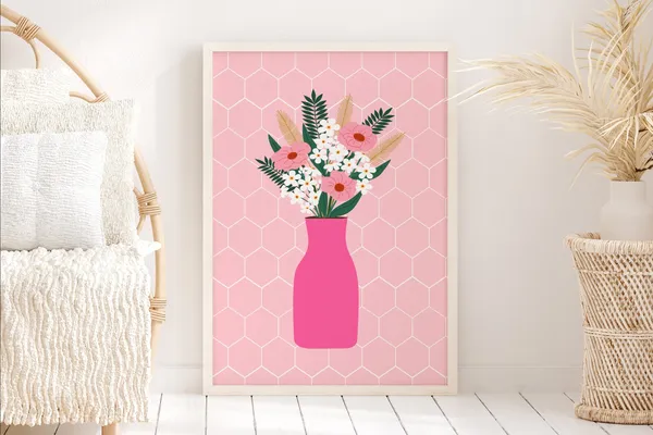 Pink Flower Tiled Vase Art Print, Botanical Decor