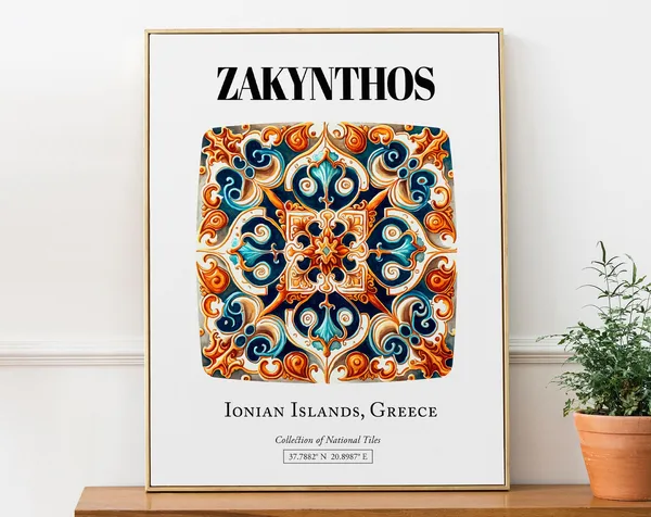 Zakynthos Vibrant Tile Art Poster, Greek Island Elegance