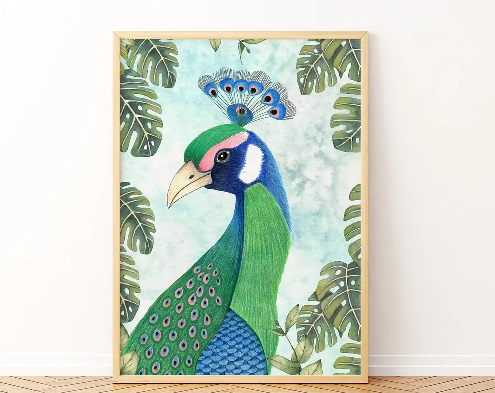 Peacock Exotic Bird Poster, Tropical Living Room Decor
