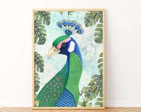Peacock Exotic Bird Poster, Tropical Living Room Decor