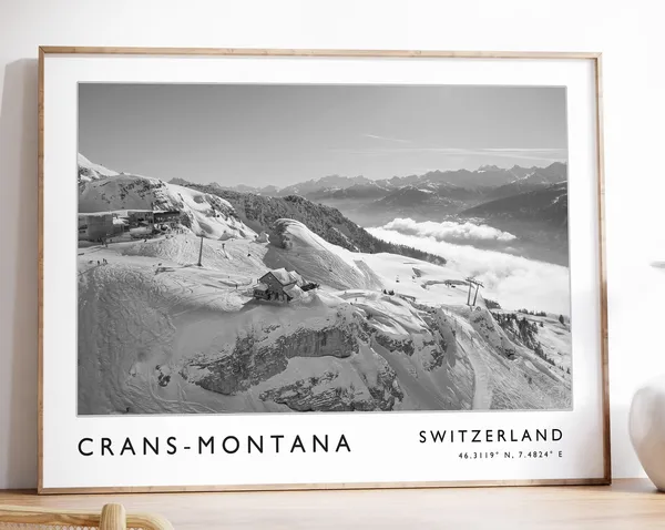 Crans-Montana Switzerland Travel Poster, Black and White