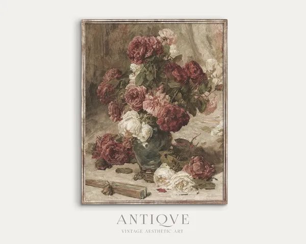 Vintage Roses Still Life, Spanish Fan Art Print