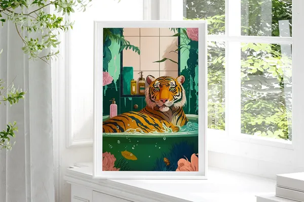 Boho Jungle Bathroom Art Print, Maximalist Animal