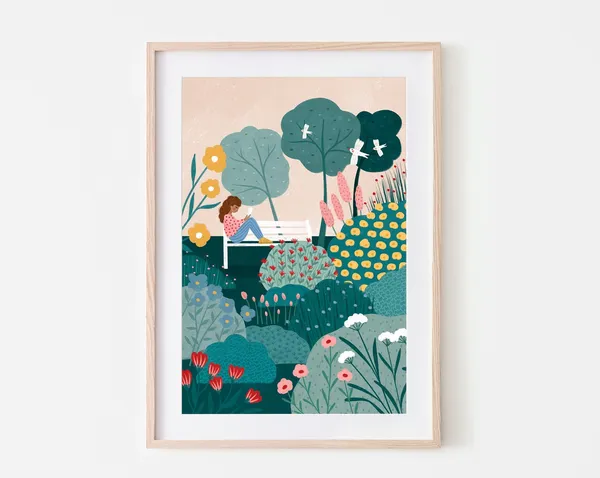 Garden Bench Illustrated Landscape Art Print