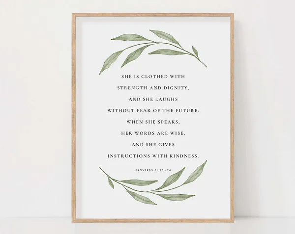 Proverbs 31:25-26 Scripture Art Print, Christian Botanical