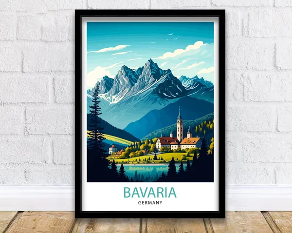 Bavaria Germany Travel Poster, Bavarian Alps Art