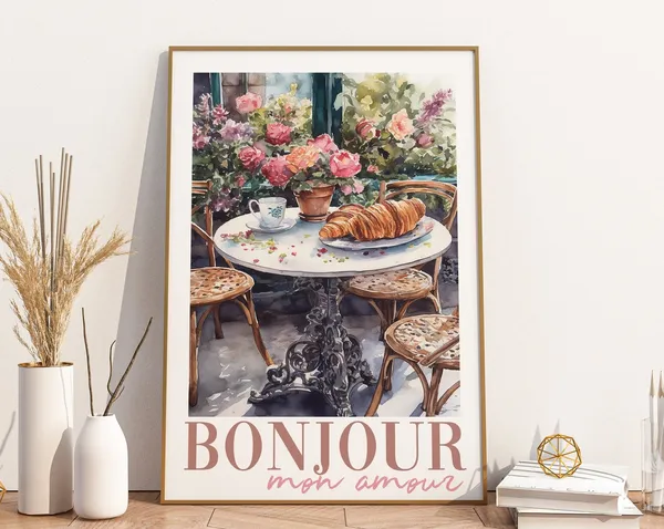 Bonjour Mon Amour Croissant Poster, French Bistro Style