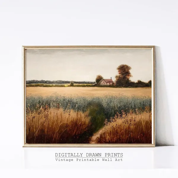 Wildflower Field Landscape, Vintage Farmhouse Print