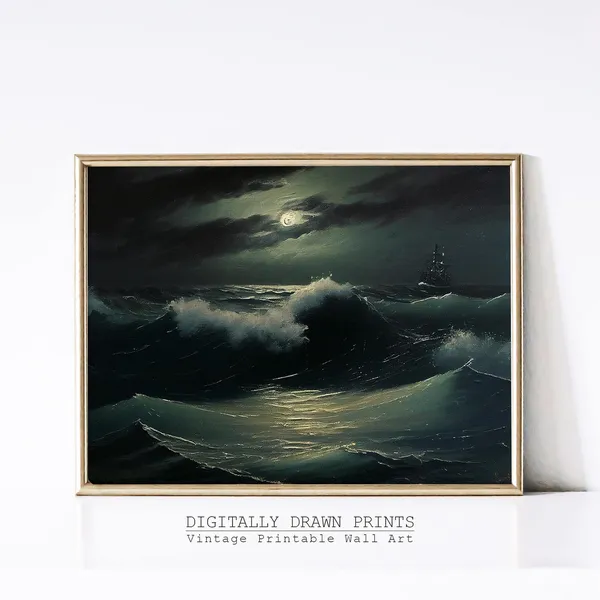 Vintage Moody Coastal Oil Painting, Nautical Print