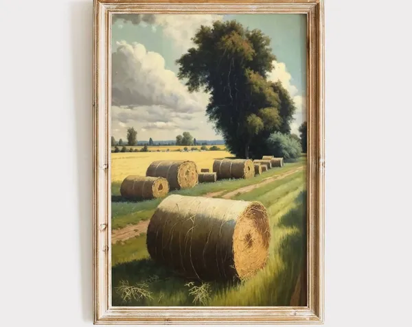 Hay Bales Vintage Oil Painting, Rustic Farm Art Print