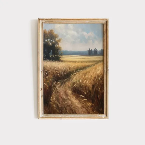 Vintage Wheat Field Painting, Rustic Farmhouse Art Print