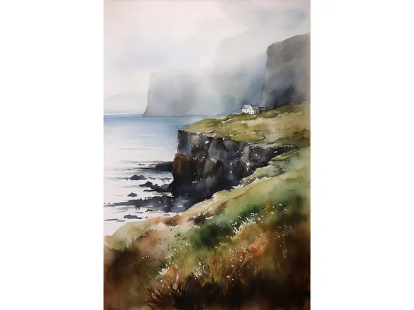 Scotland Coastal Cottage Watercolor Art Print, Isle Of Skye