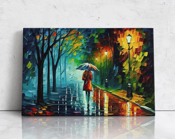 Woman Walking With Umbrella, Vibrant Oil Painting Print