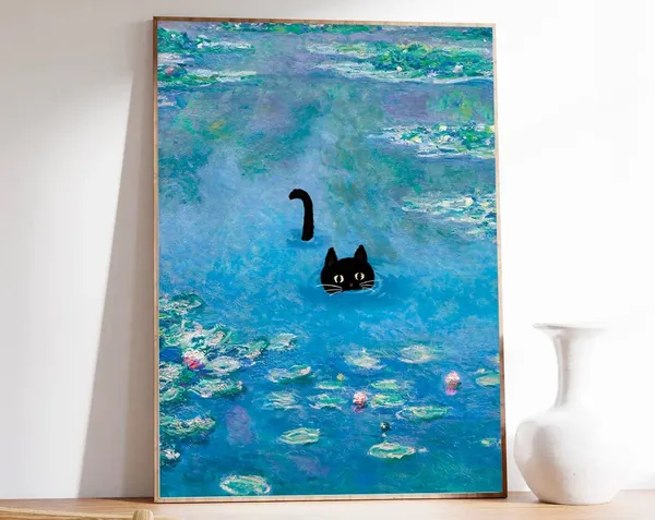 Monet-Inspired Cat and Water Lily Poster Print