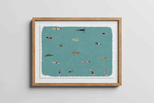 Tiny People Swimming In Pool, Playful Pool Art Print