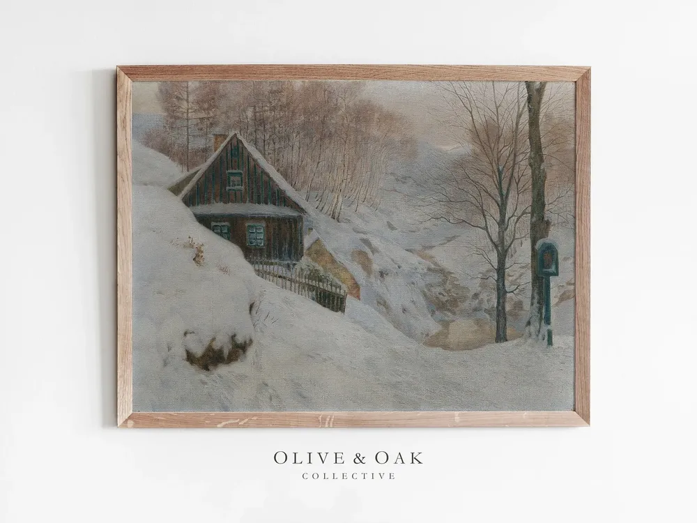 Snowy Cabin Painting, Winter Wall Art