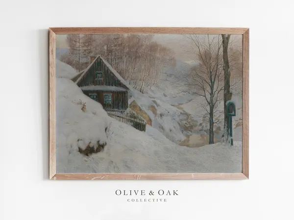 Snowy Cabin Painting, Winter Wall Art