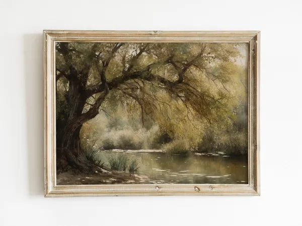 Vintage Oak Tree Pond Landscape Art Print, Rustic Decor