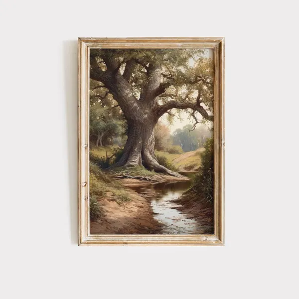 Vintage Oak Tree Stream Landscape Wall Art Print