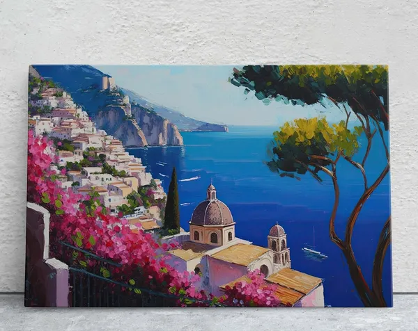 Amalfi Coast Italy Travel Poster, Coastal Flowers View