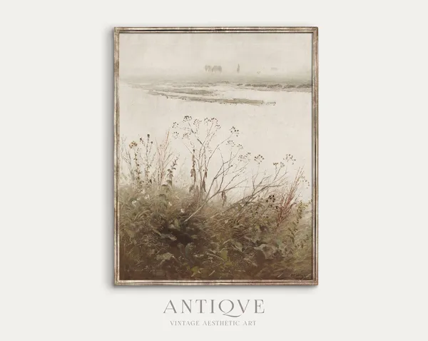 Neutral Wildflowers By The Water, Vintage Art Print