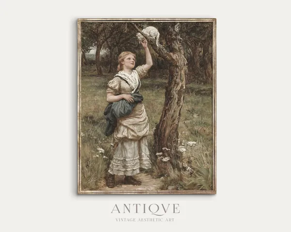 Vintage French Country Girl in Forest Art Print