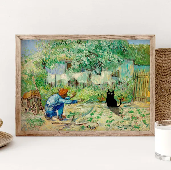 Black Cat Poster, Van Gogh Garden Art Print