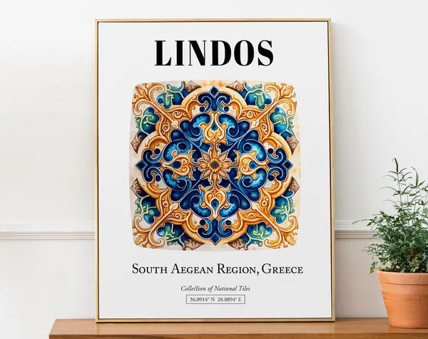 Lindos Tile Pattern Art Print, Greek Island Elegance