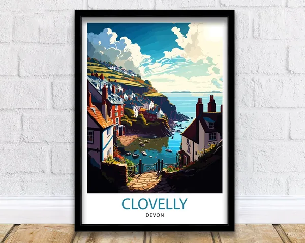 Clovelly Devon Travel Poster, Coastal Town Illustration