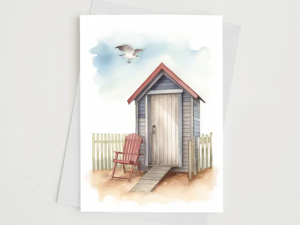 Seaside Beach Hut Scene Coastal Watercolour Art Print