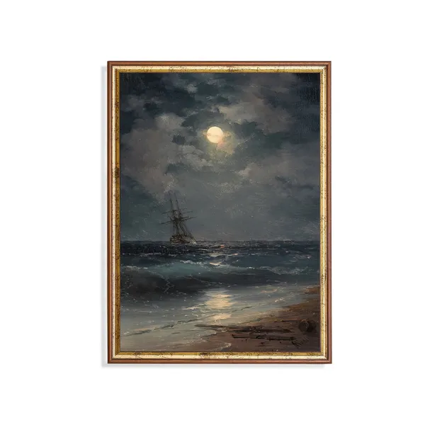 Ship By Moonlight Vintage Seascape Art Print, Nautical