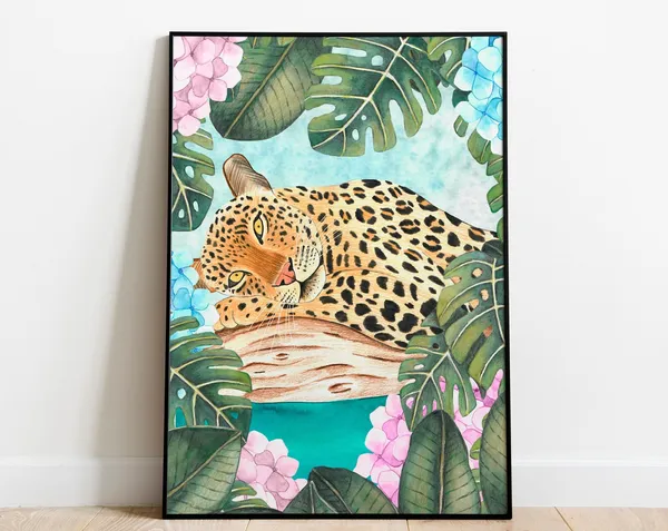 Leopard Jungle Illustration, Tropical Animal Art Print