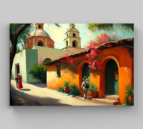 Mexican Village Landscape Art Print, Vibrant Decor