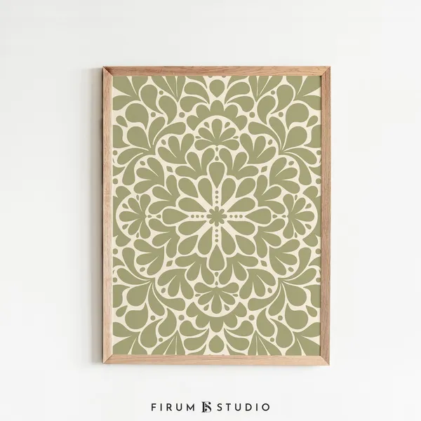 Sage Green Floral Botanical Art Print, Japandi Style
