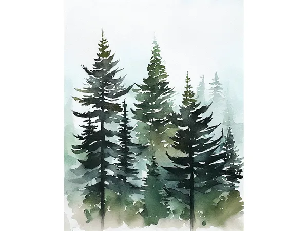 Evergreen Trees Print, Misty Forest Watercolor Poster