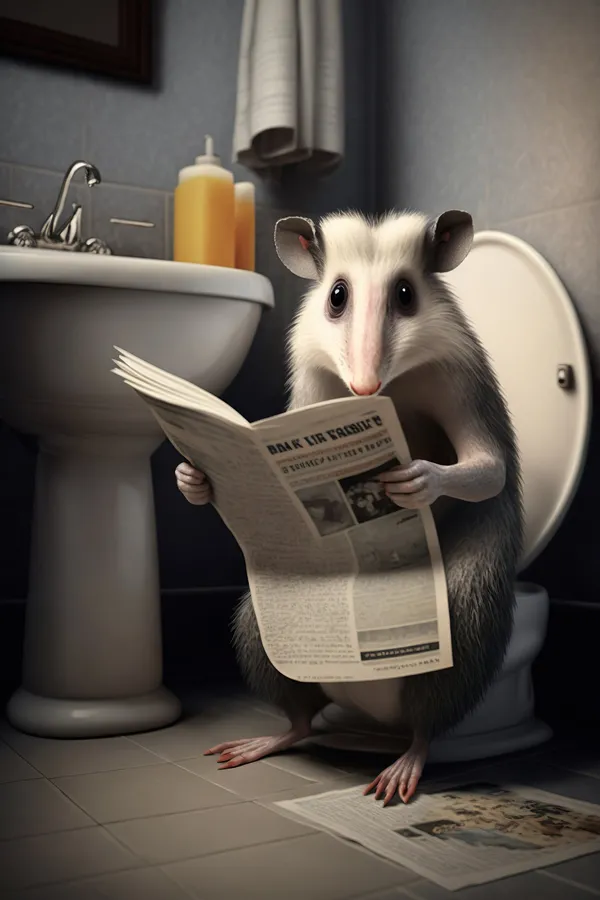 Opossum on the Toilet Reading Newspaper, Humor Art Print