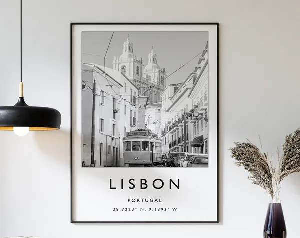 Lisbon Travel Poster, Portugal Black and White