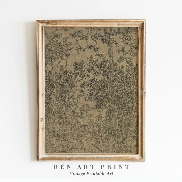 Vintage Sketch Antique Woodland Landscape Art Print